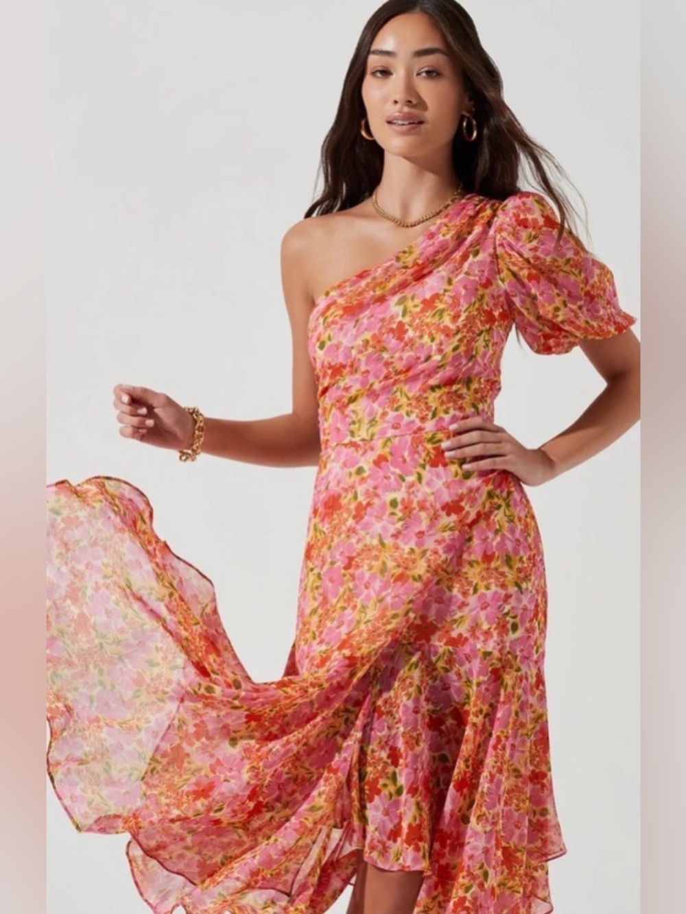 Astr Pink and Orange Floral Off-Shoulder Dress